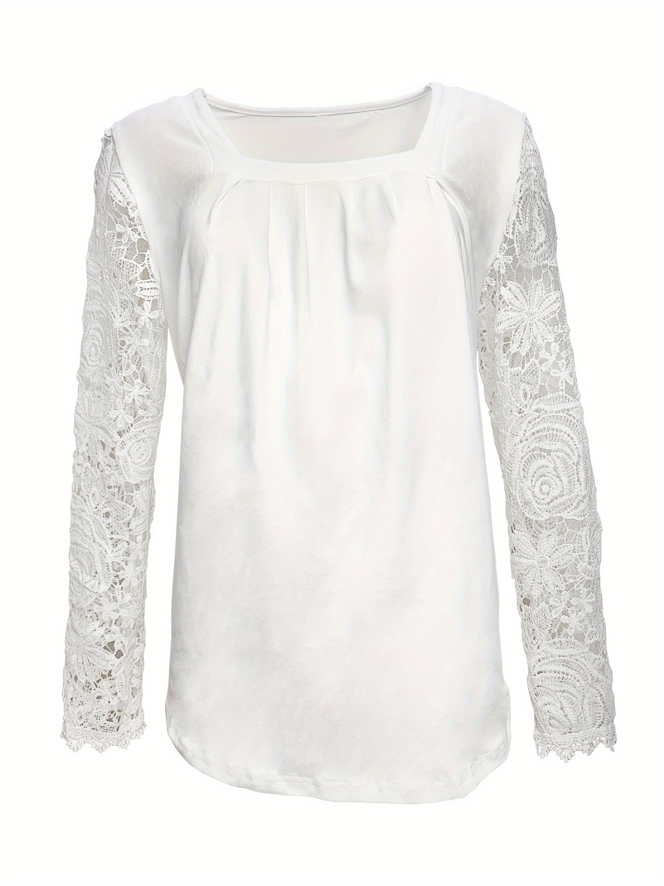 Lace Stitching T-Shirt, Casual Square Neck Long Sleeve T-Shirt