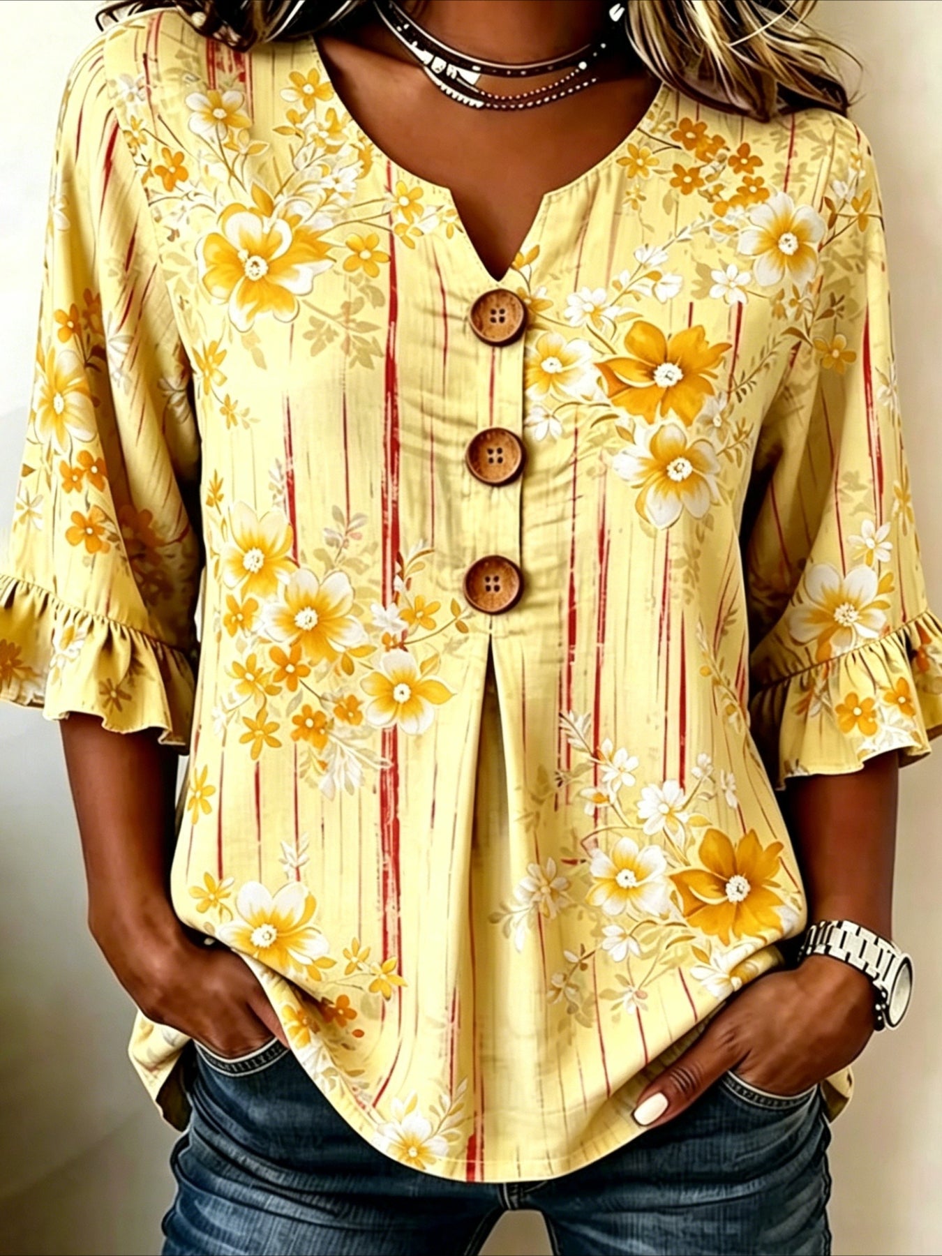 Flower Print V Neck Button Short Ruffle Sleeve Casual Top