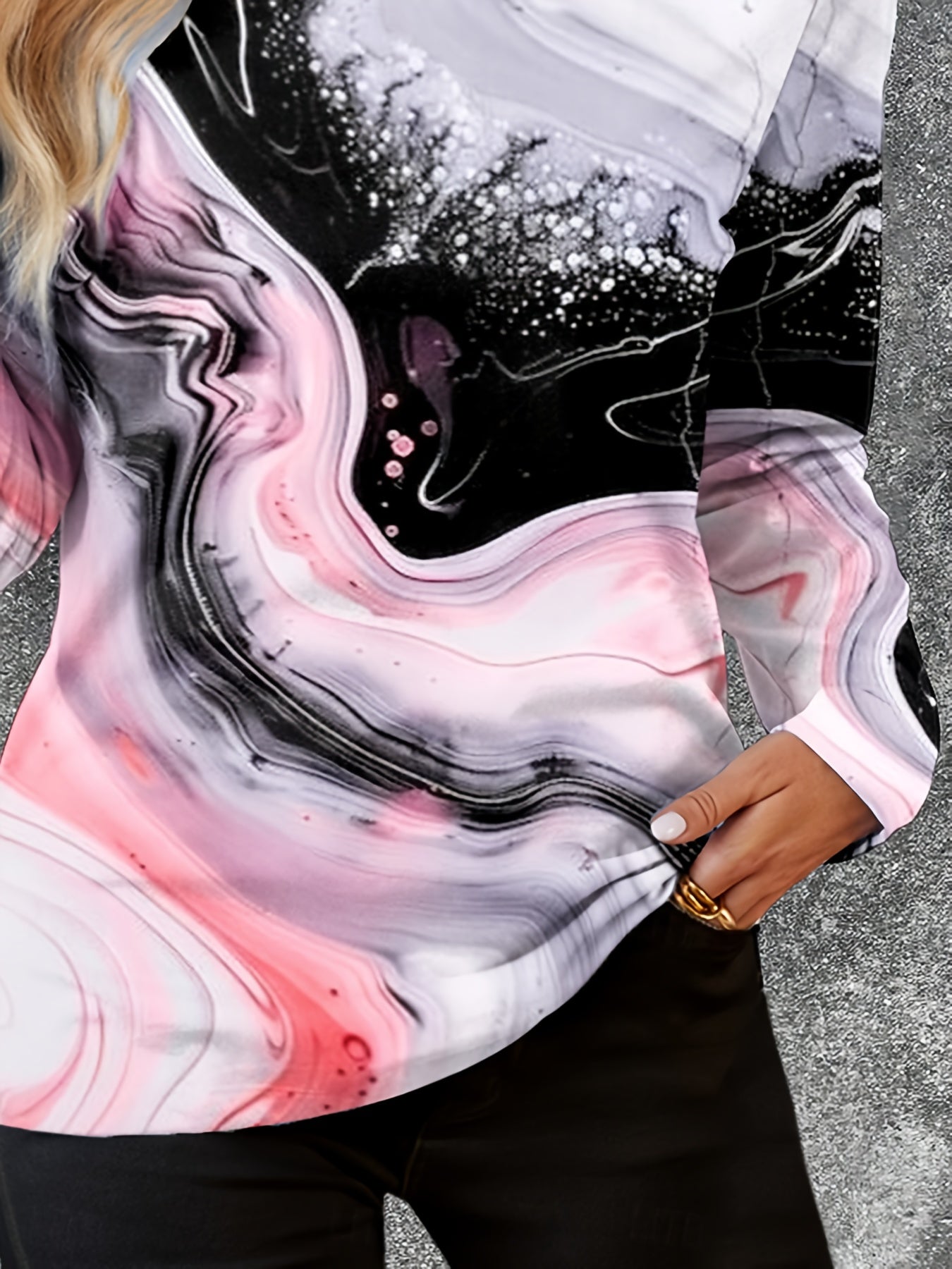 Abstract Marble Print Casual Crew Neck Long Sleeve T-Shirt