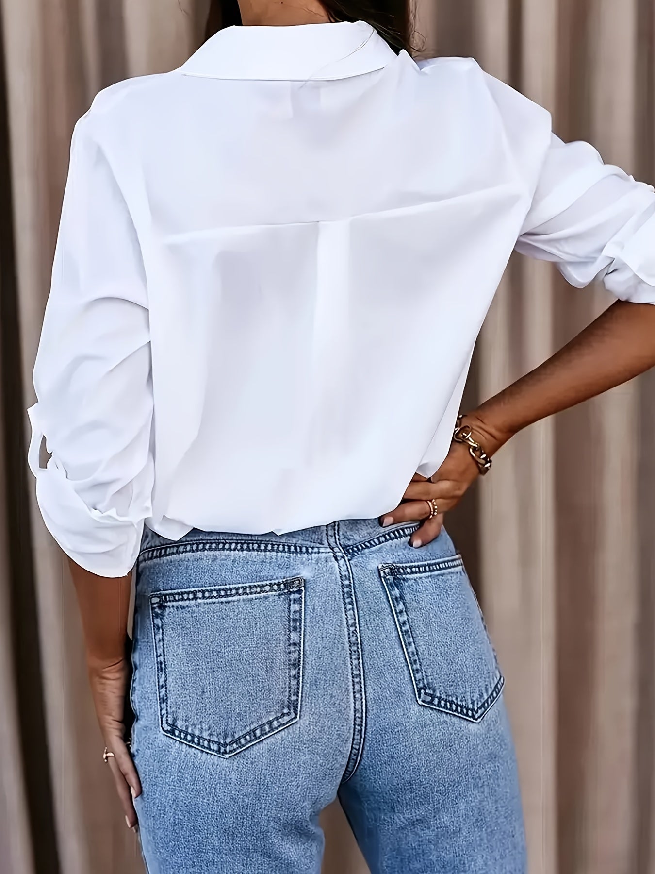 Solid Button Front Shirt, Casual Turn Down Collar Office Work Shirt