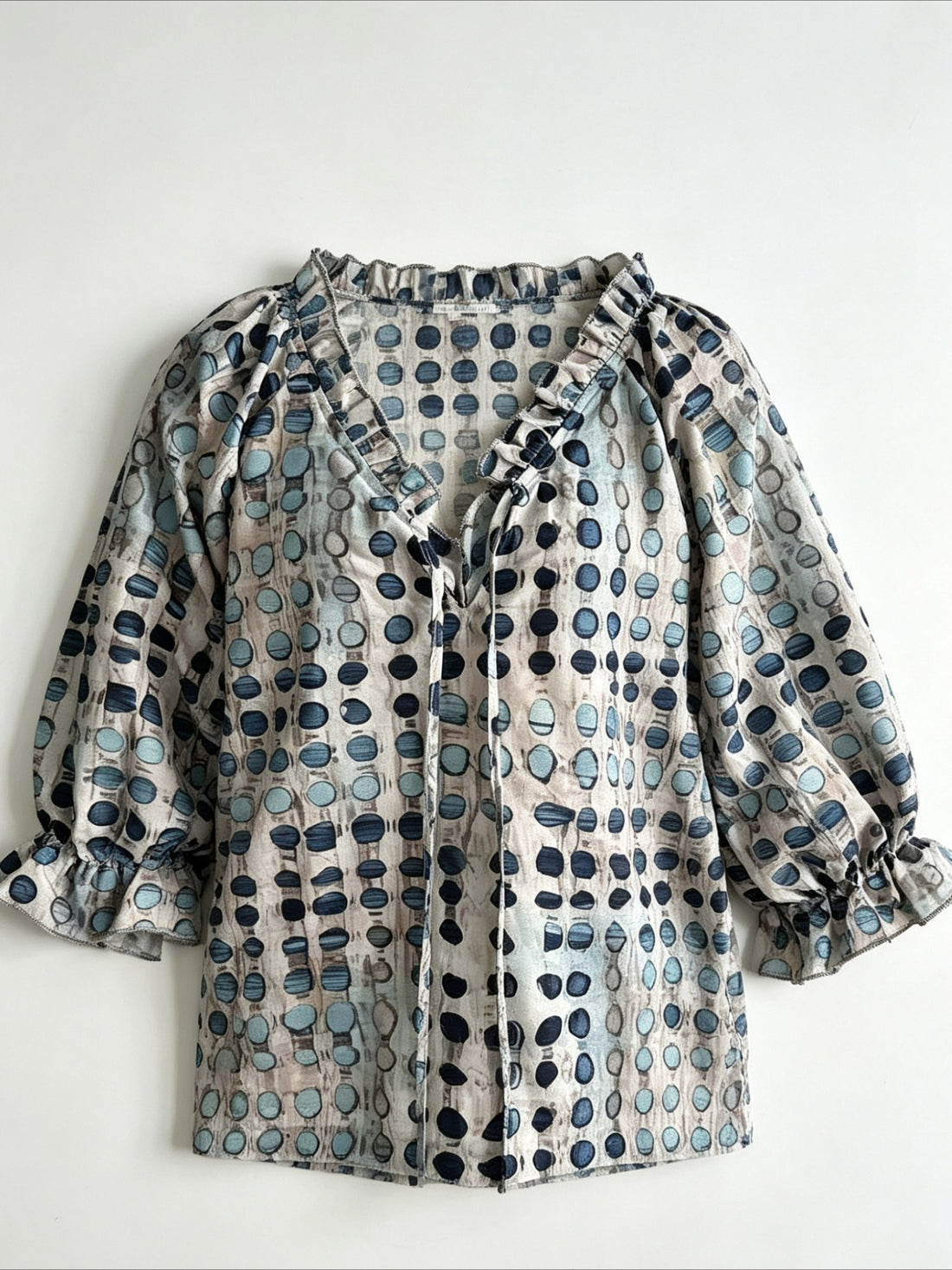 Abstract Geometric Polka Dot Printing Drawstring Fungus Edge V Neck Top