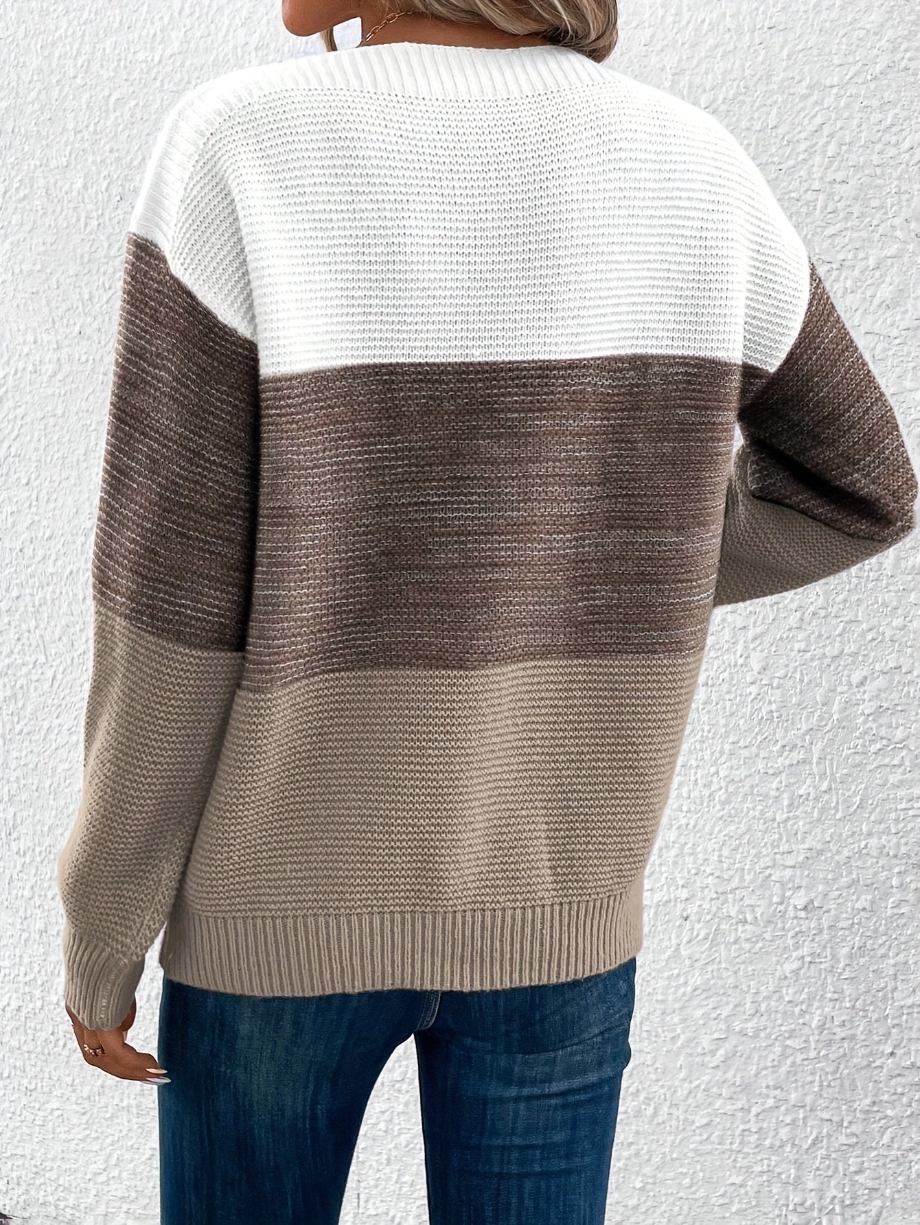 Long Sleeve Pullover Color Block Boat Neck Sweater