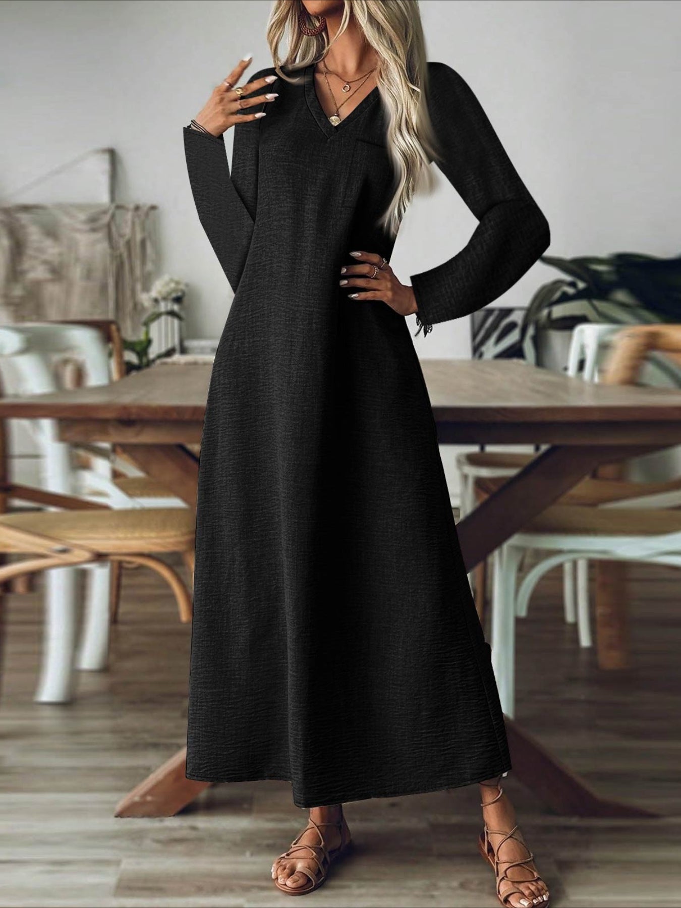 Back Zipper Solid Color Long Sleeve Cotton and Linen Dress