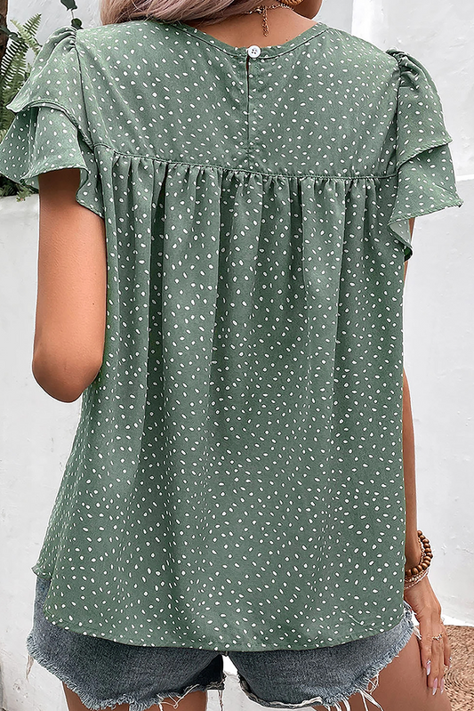 Laurel Green Dotted Ruffle Sleeve Crew Neck Ruched Blouse
