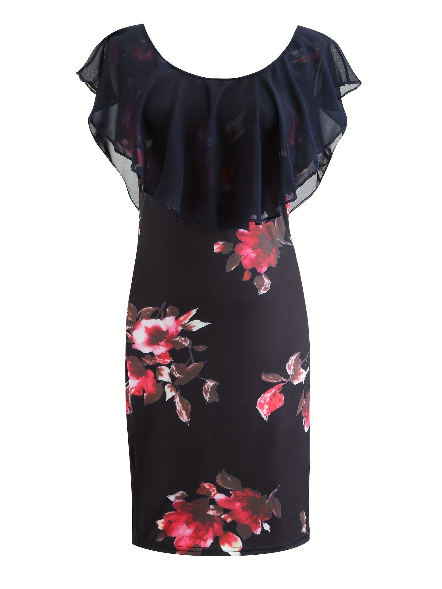 Floral Print Ruffle Trim Dress, Casual Beach Summer Short Sleeve Scoop Neck Bodycon Mini Dress