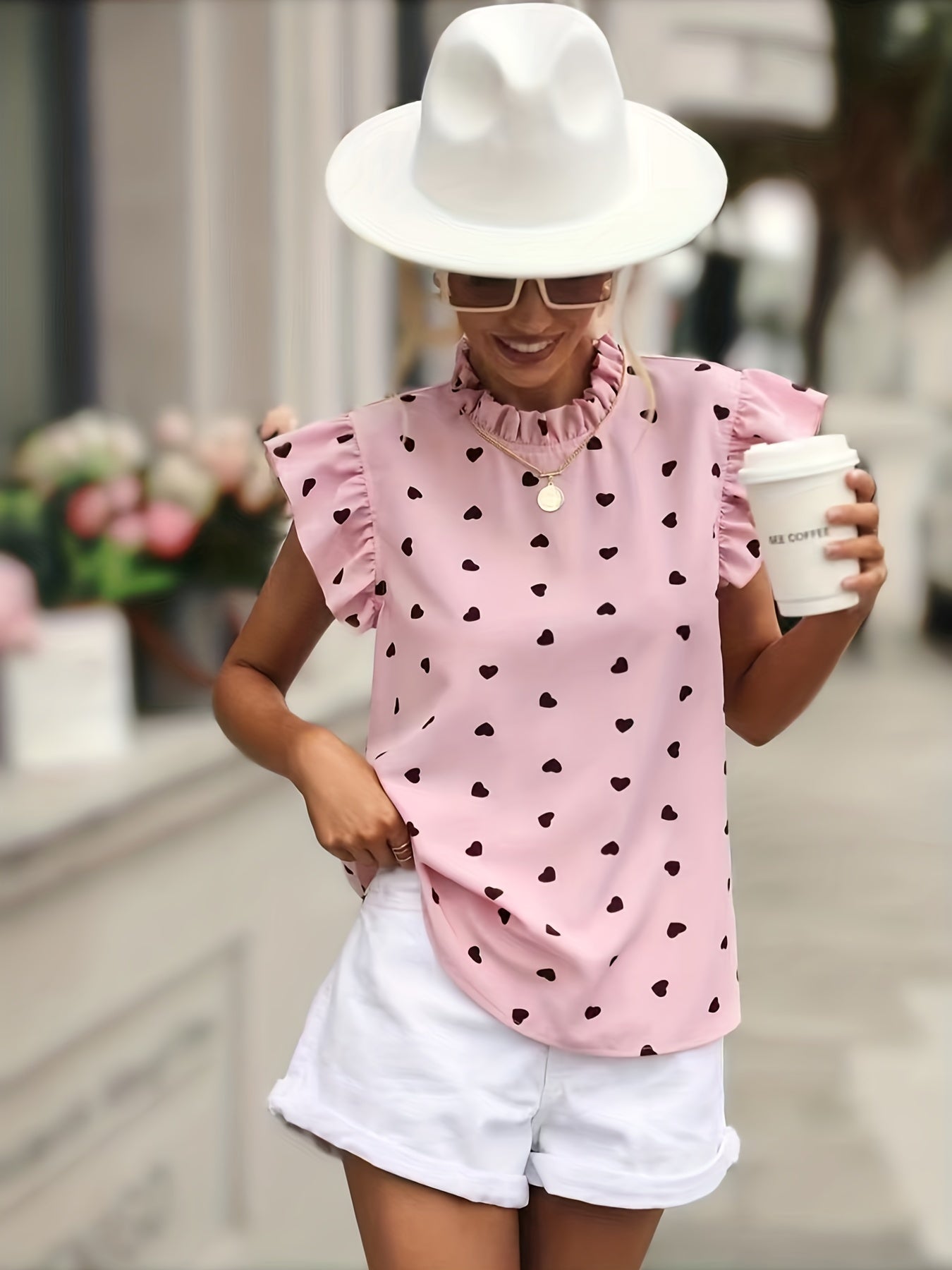 Heart Print Ruffle Trim Blouse, Casual Pleated Crew Neck Blouse