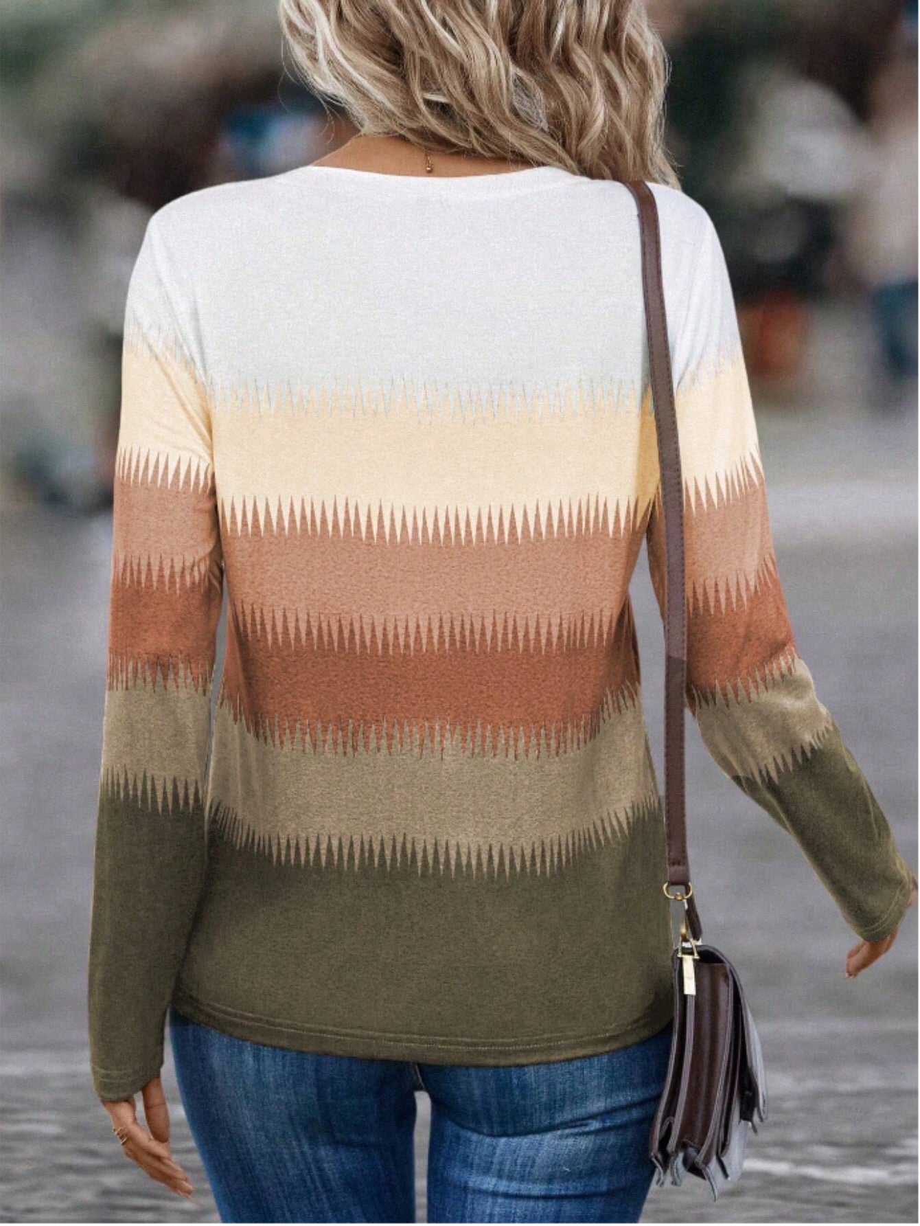 Vibrant Gradient Color Long Sleeve Crew Neck T-shirt - Casual Button Front Top