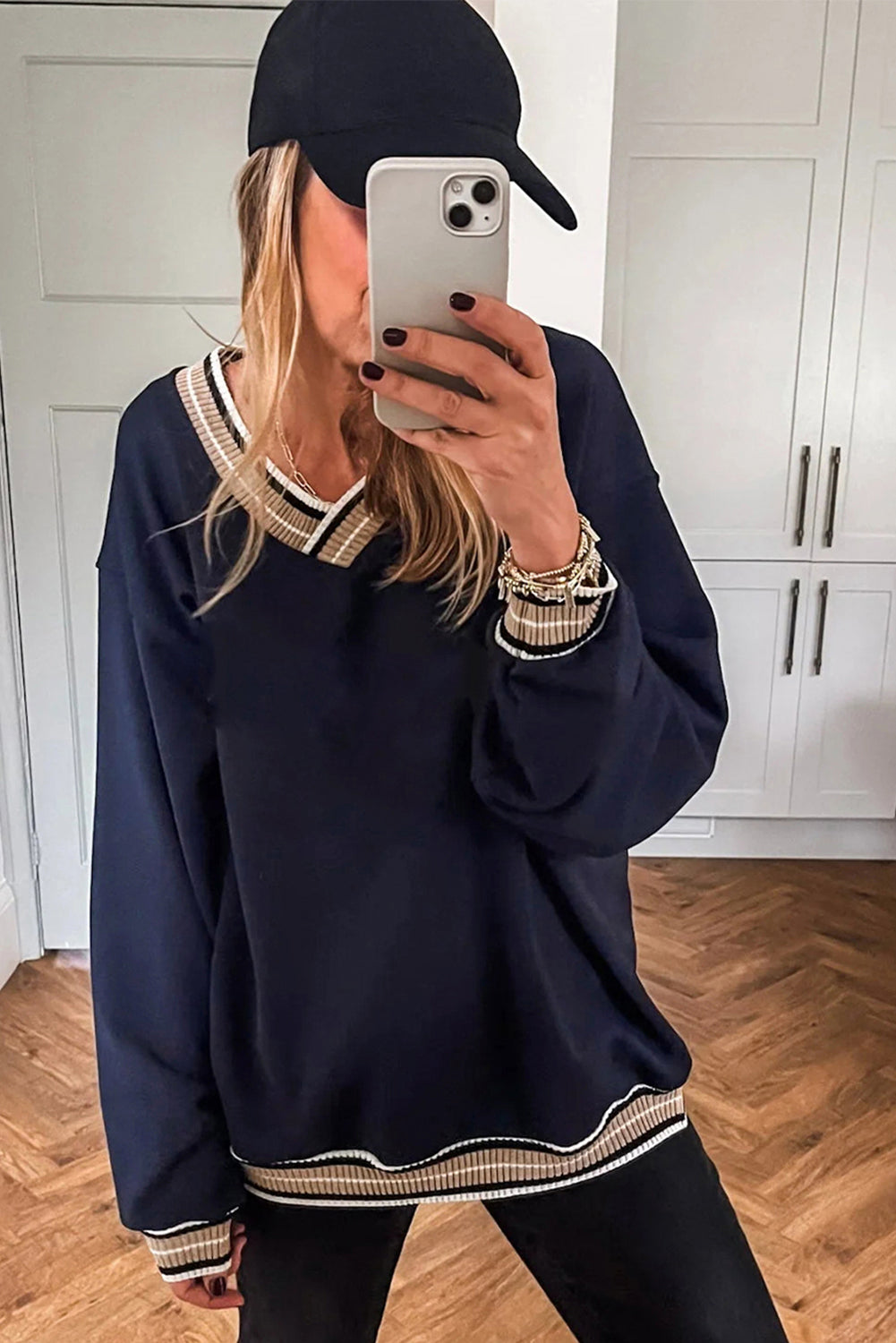 Navy Blue Varsity Contrast Striped Trim V Neck Sweatshirt