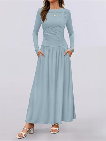 Women's Long Sleeve Long Dress, Fall Crew Neck Casual Slim Swing Pleated Dress