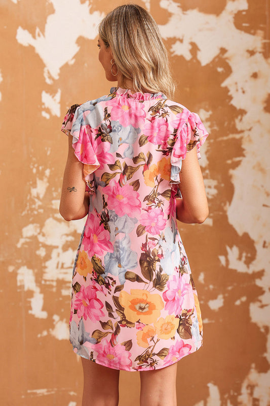 Pink Notched Neck Ruffle Floral Dress