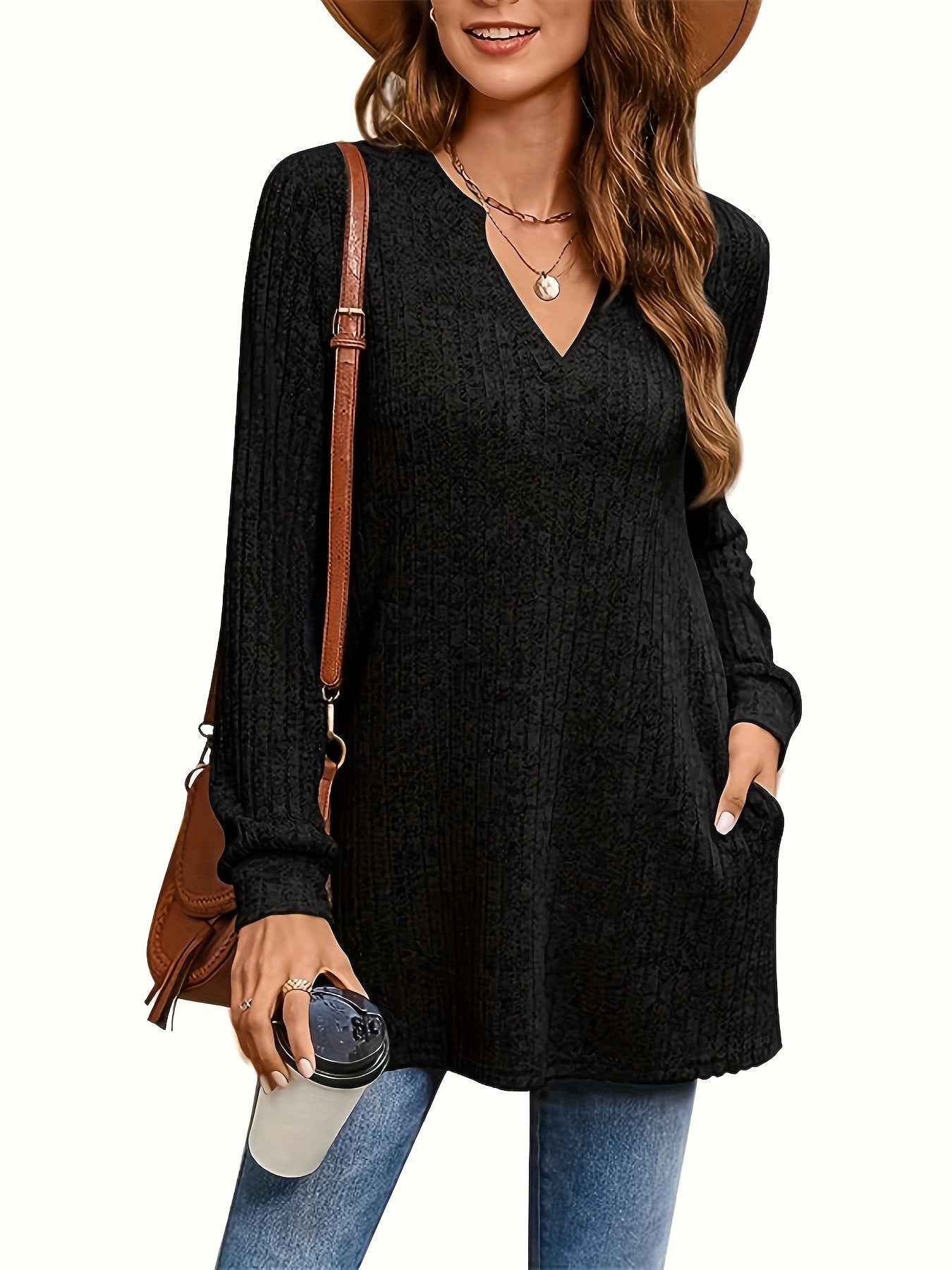 Solid Notched Neck Simple Tunics, Versatile Long Sleeve Top
