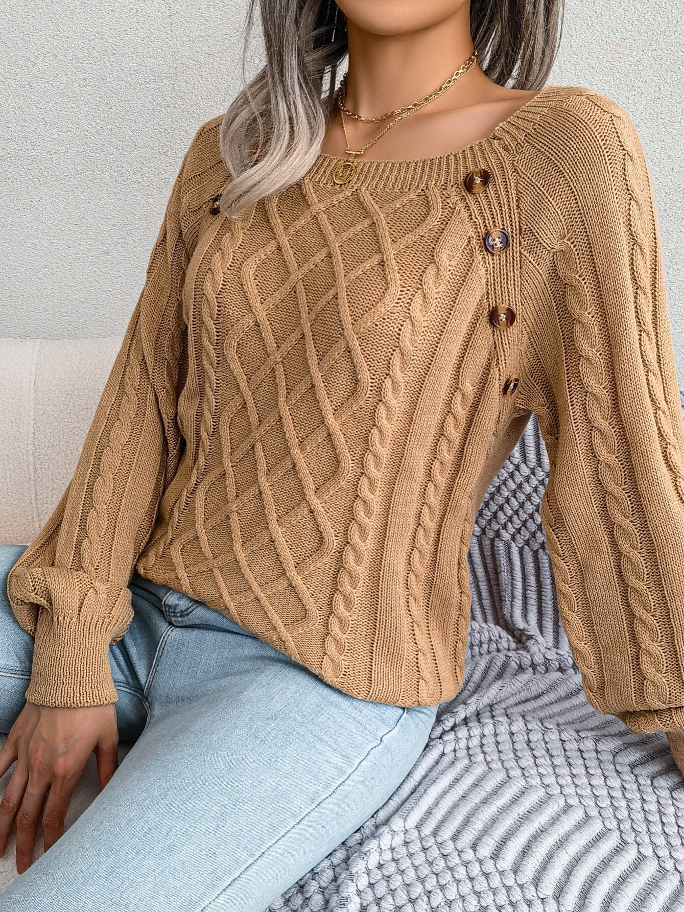 Cozy Women's Sweater with Textured Button Lantern Sleeves