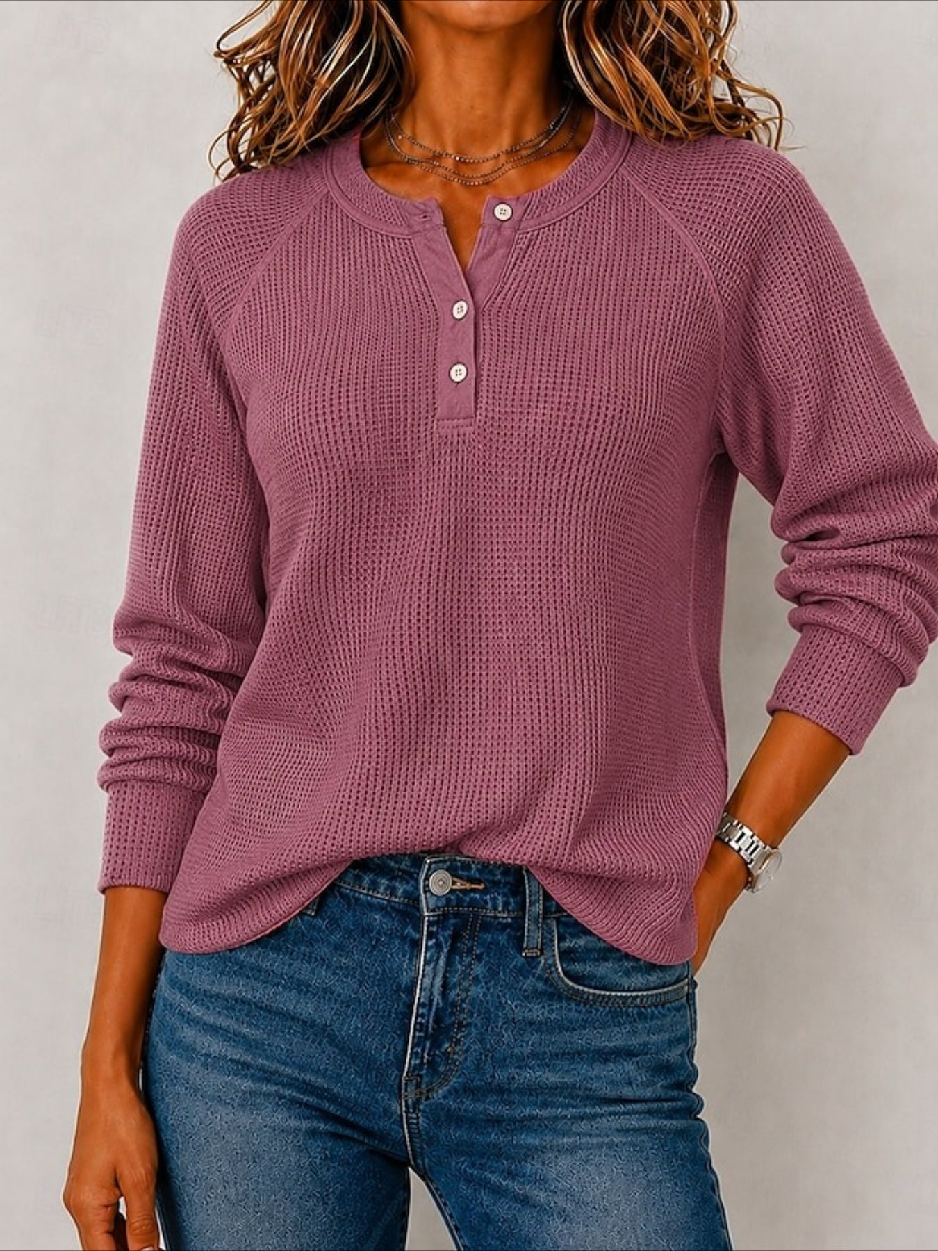 Solid Color Waffle Long Sleeve Shirt