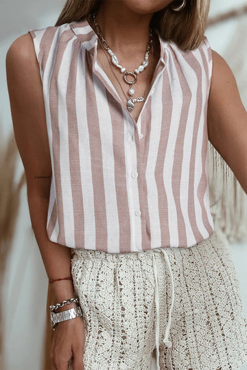 Khaki Stripe Casual Button Down Sleeveless Shirt