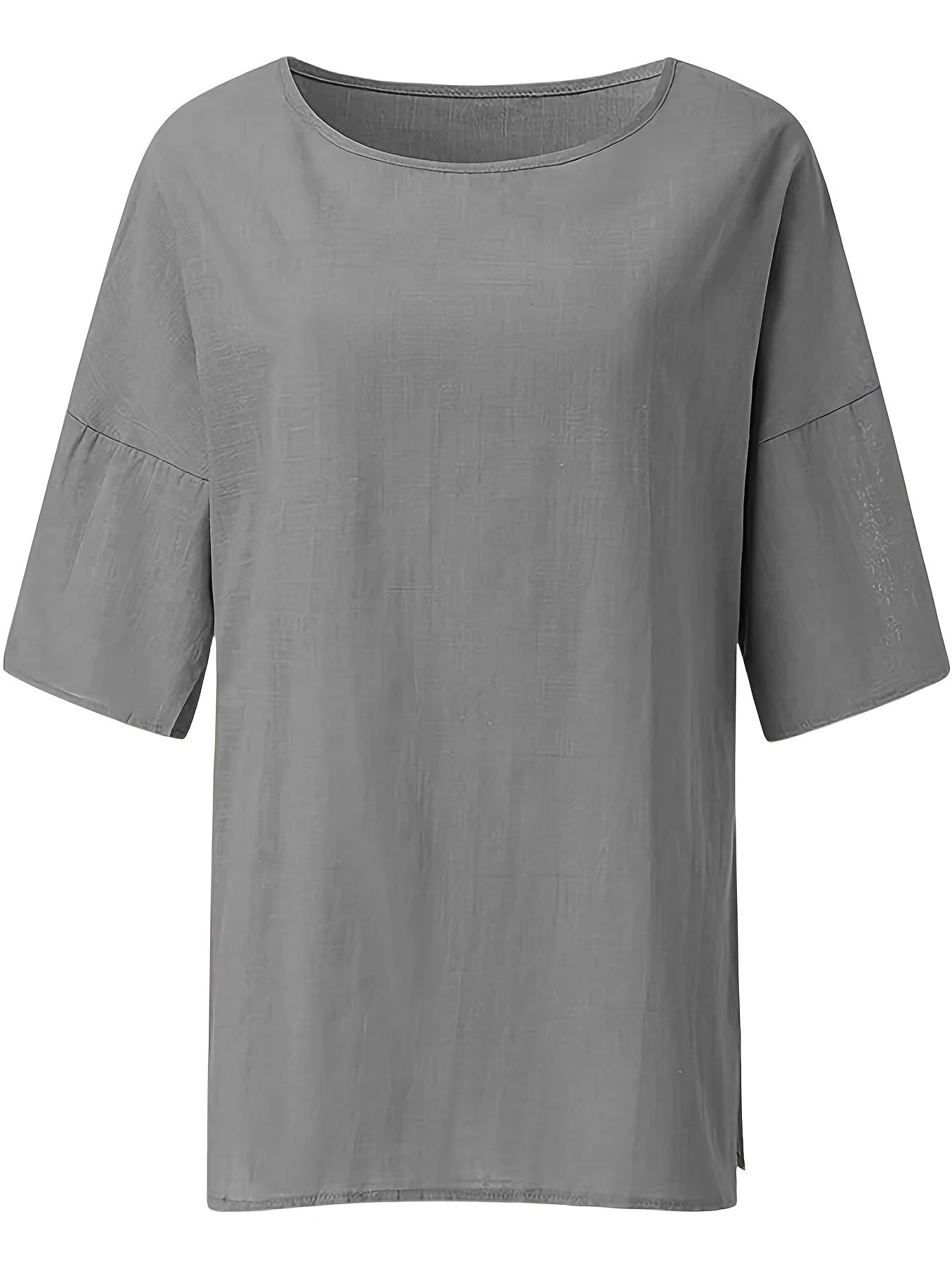 Crew Neck Loose Blouses, Casual Solid Color 3/4 Sleeve Summer Shirts Tops