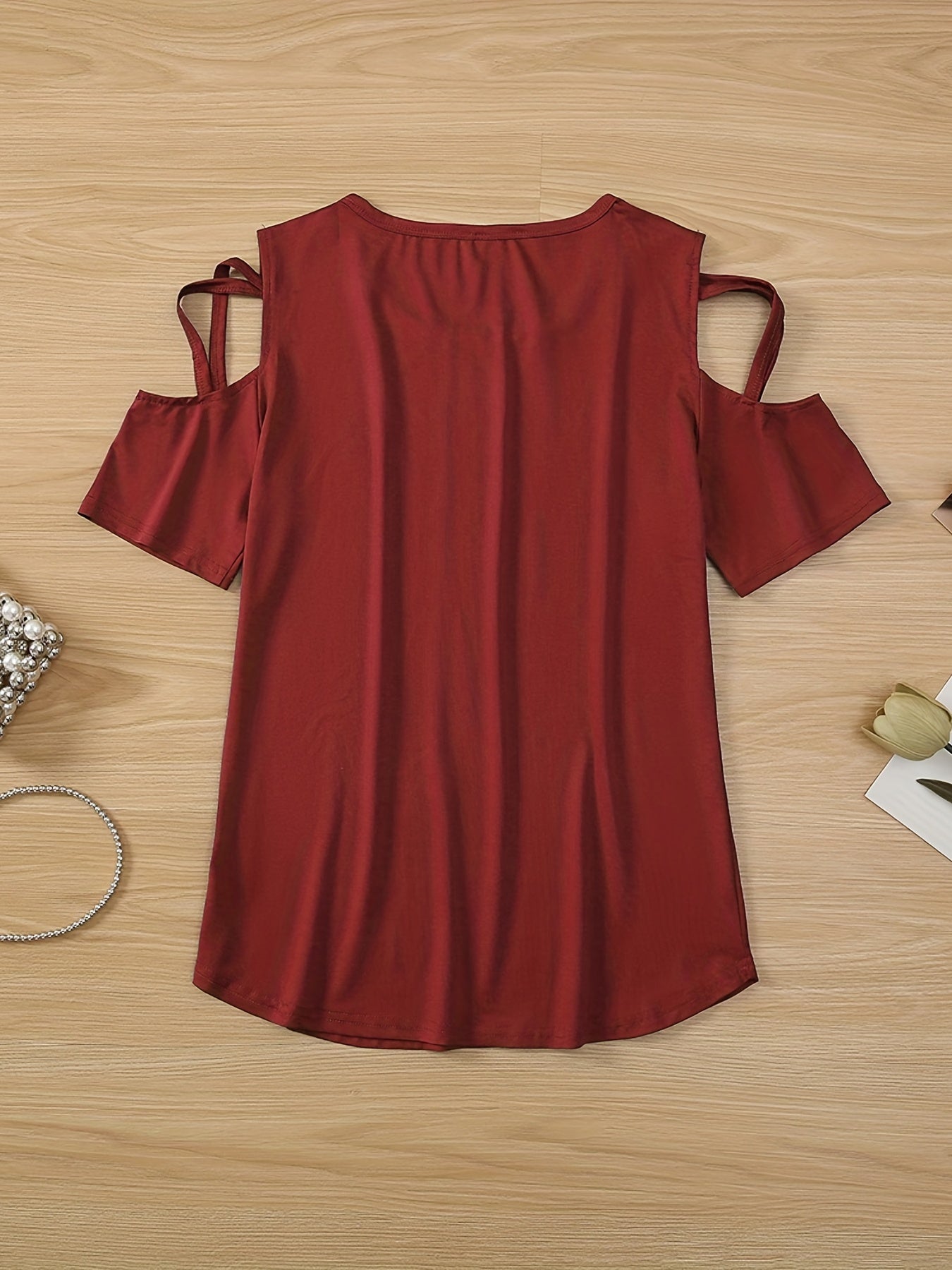 Solid Cold Shoulder T-shirt, Casual Crew Neck Short Sleeve T-shirt