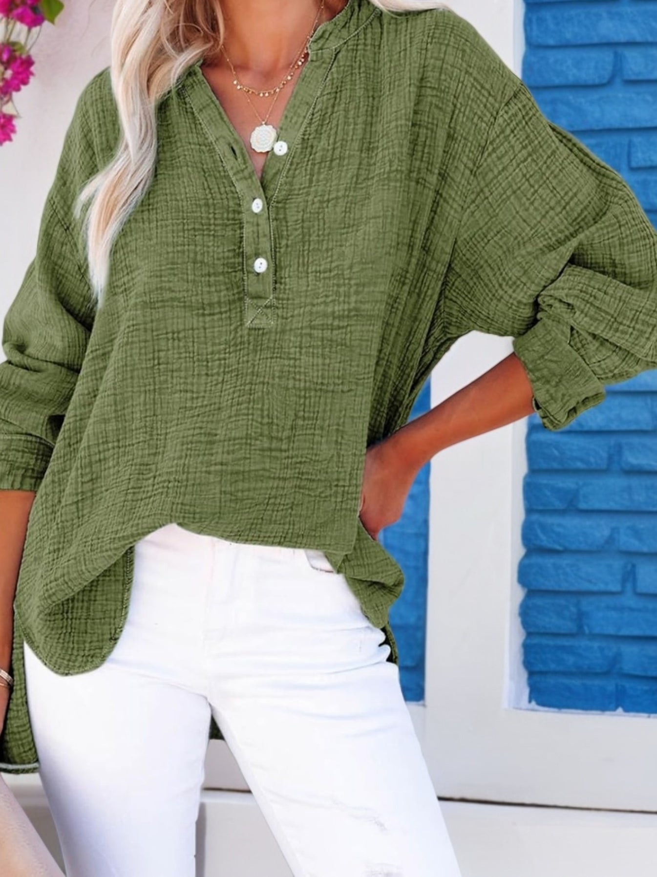 Long Sleeve Button Solid Color Pleated Detail Casual Oversized V-Neck Blouse
