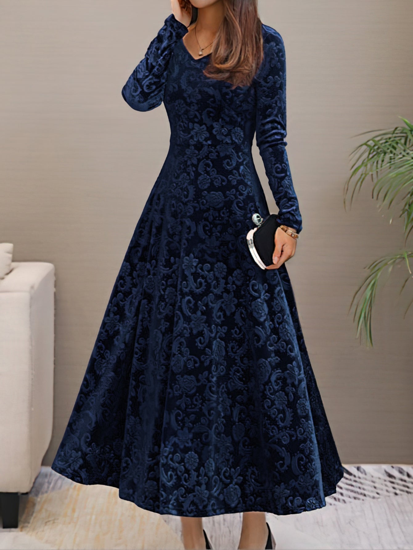 Solid Color Long Sleeve Dress, Elegant V Neck Flared Dress