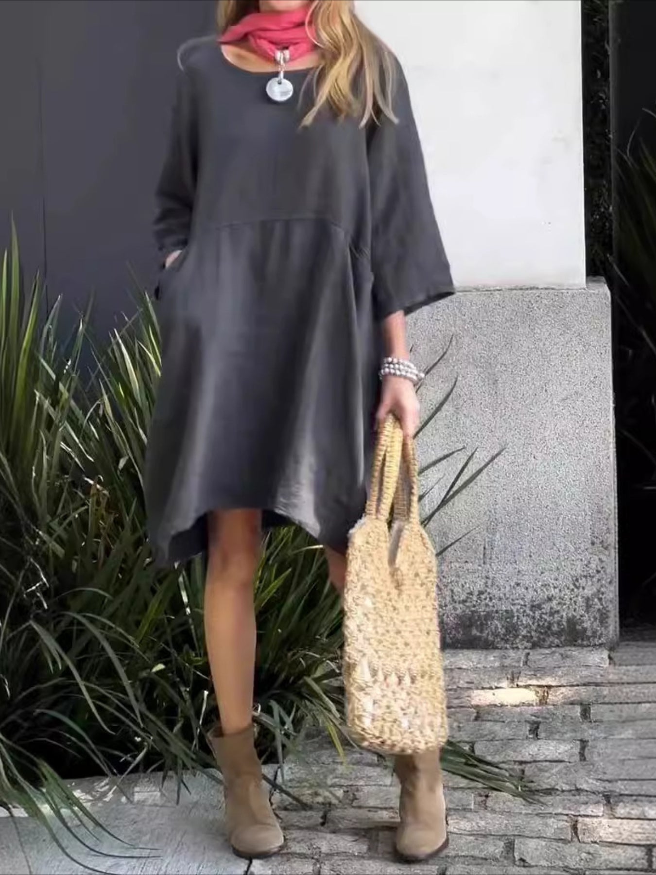Loose Casual Cotton And Linen Plain Sweashirt Dress