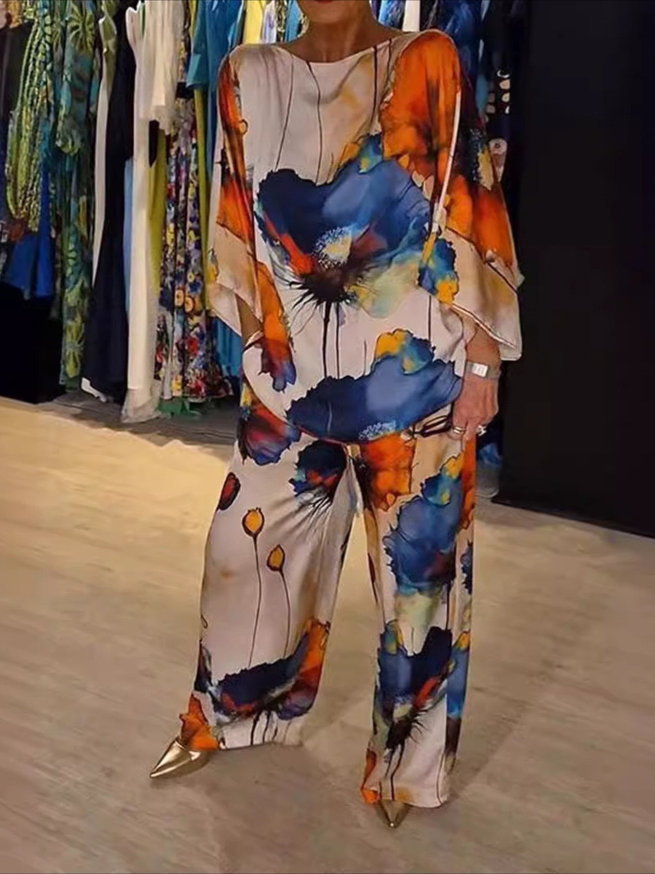 2 Pieces 3/4 Length Sleeve Crew Neck Floral Print Casual Pants Sets