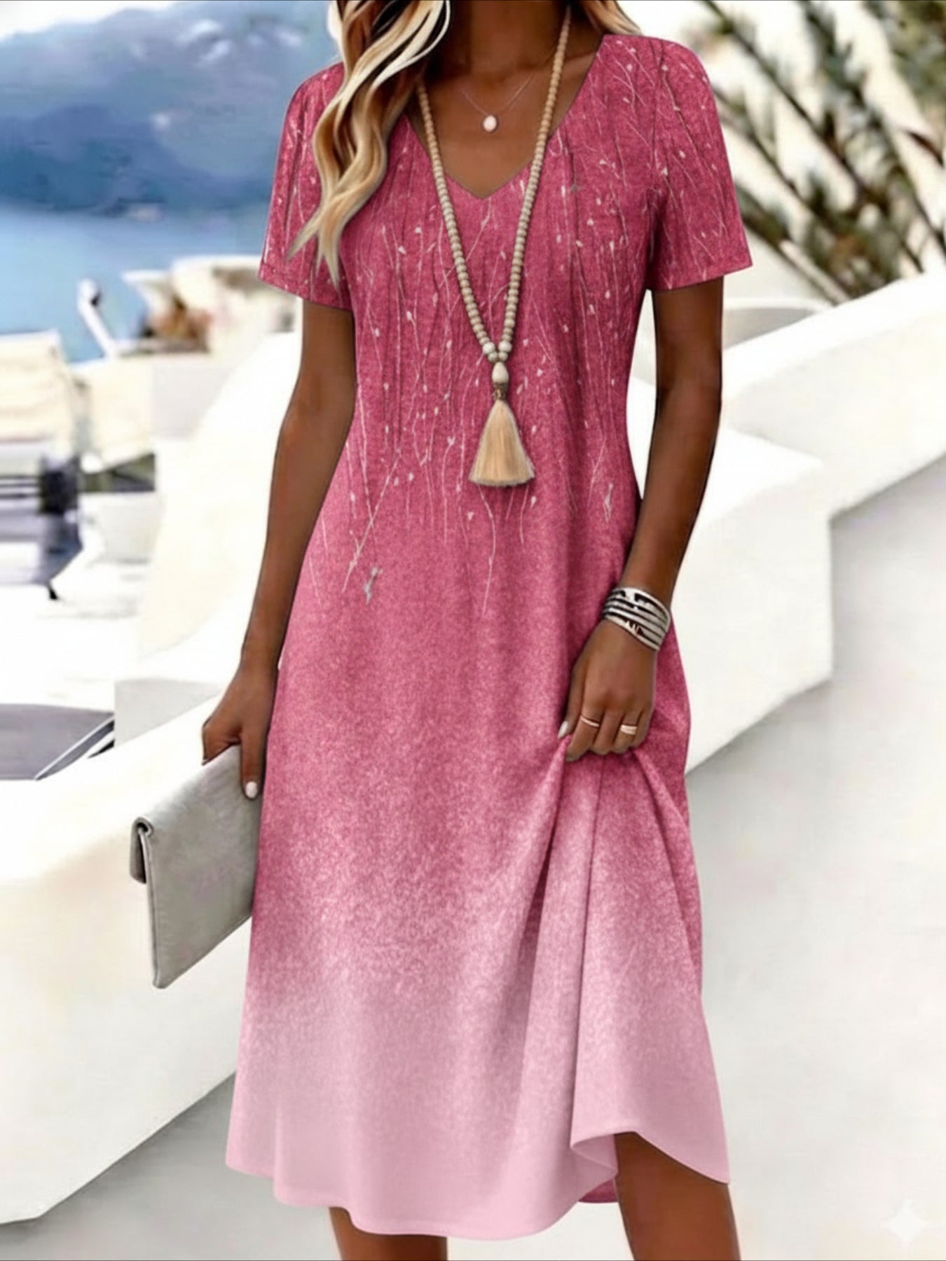 Print Short Sleeve V-Neck Casual Midi Dress