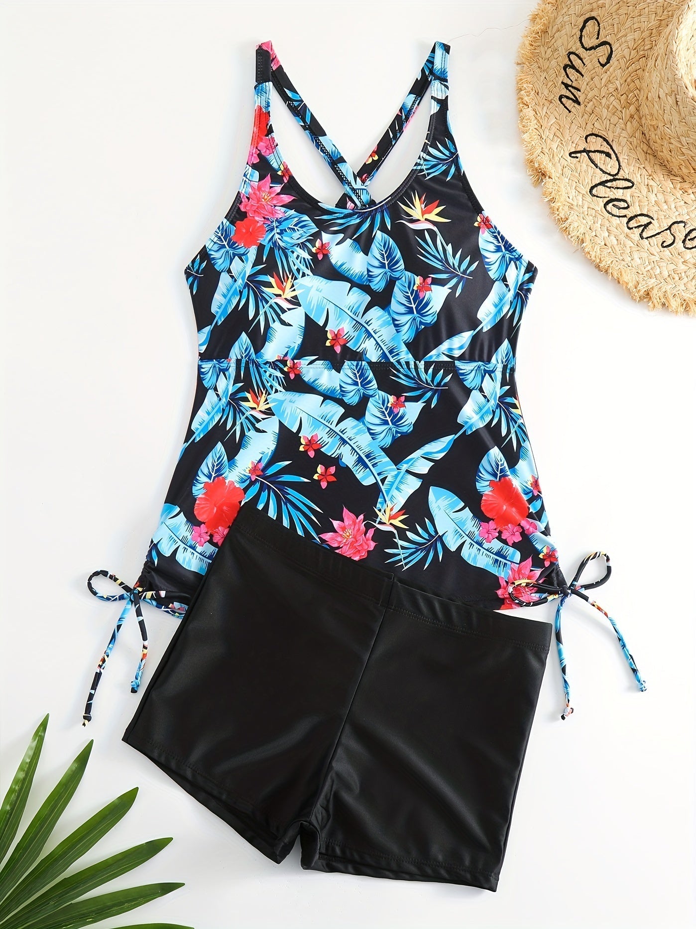 Tropical Print Round Neck Tankini Sets, Drawstring Straps Boxer Short Bottom Two Pieces Swimsuit