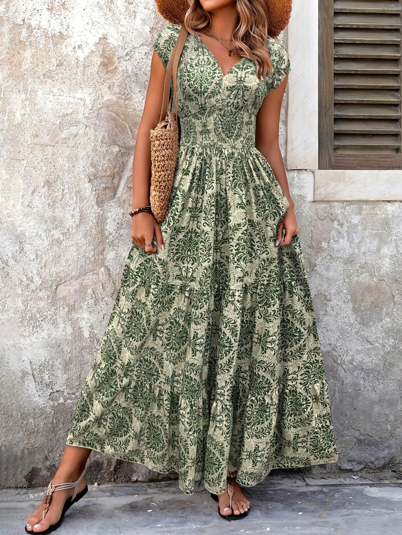 Spring Summer Printed Patchwork V-Neck Long Dress