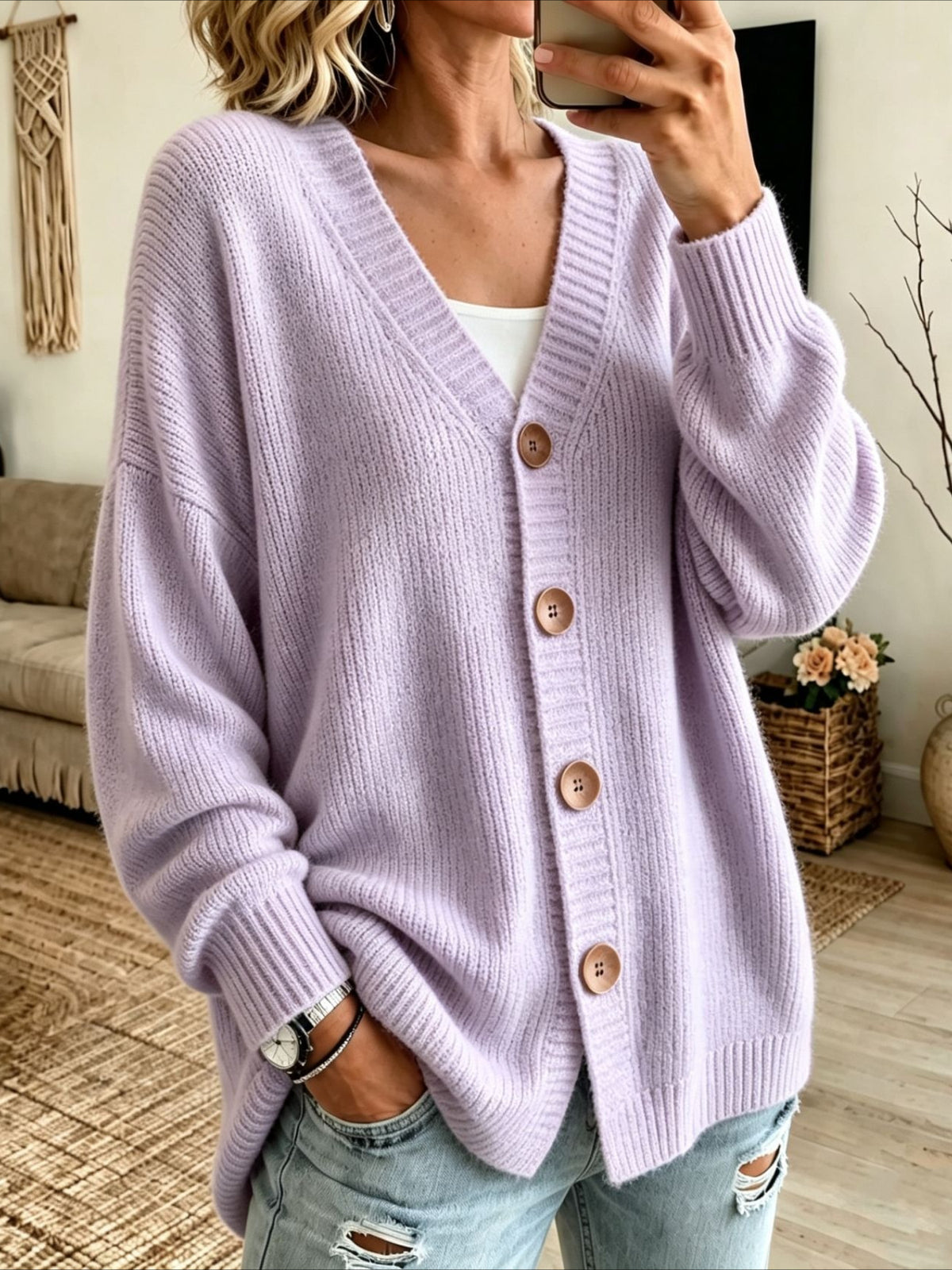 Solid Color Button V Neck Knitted Cardigan Sweater