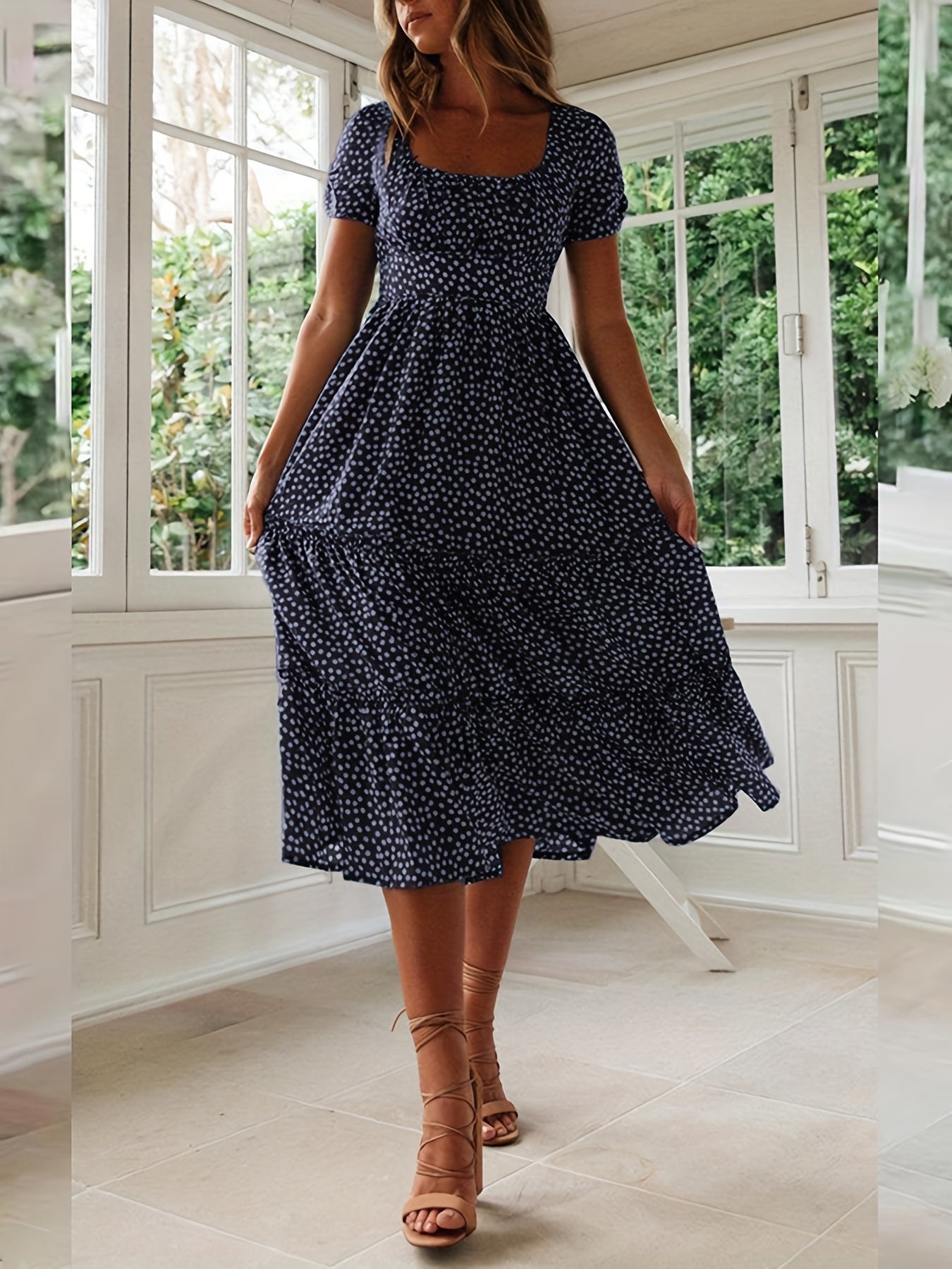 Polka Dot Ruffle Hem Dress, Casual Square Neck Short Sleeve Dress