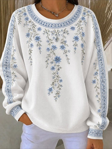 Floral Casual Printing Loose Leaf Crew Neck Regular Fit Sweatshirt
