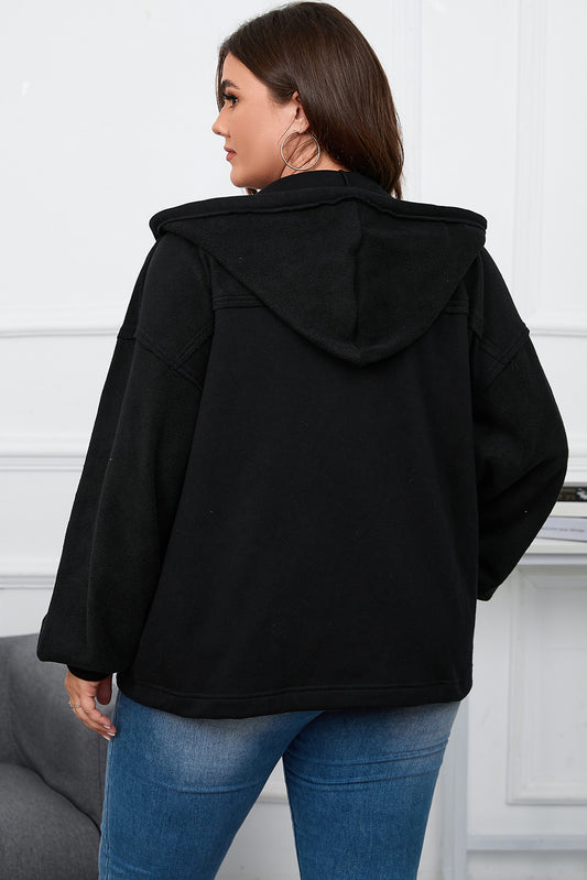 Black Plus Size Bishop Sleeve Zip Up Hooded Jacket