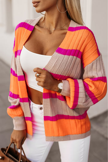 Orange Striped Colorblock Drop Shoulder Slouchy Cardigan