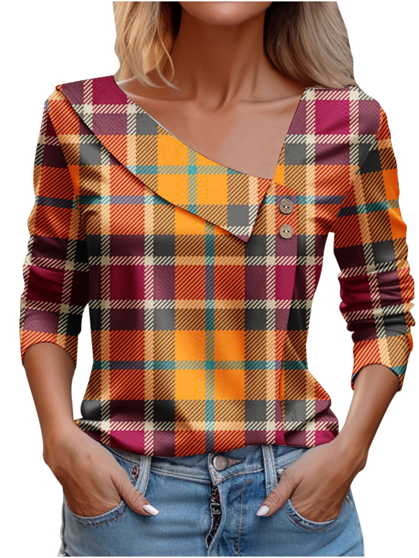 Chic Plaid Print Elegant Long Sleeve V-Neck T-Shirt