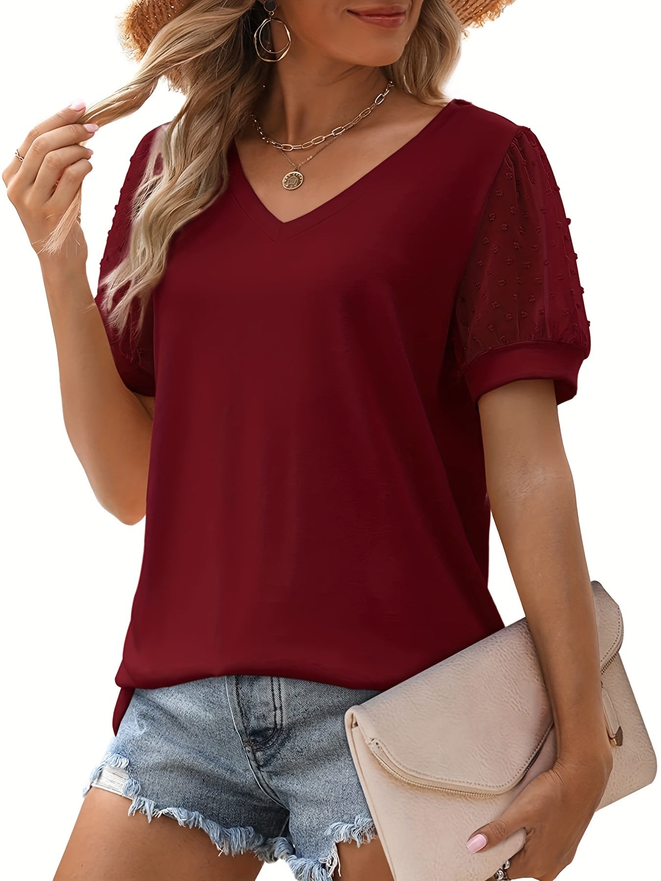 Swiss Dot Mesh V Neck T-Shirt, Casual Short Sleeve T-Shirt
