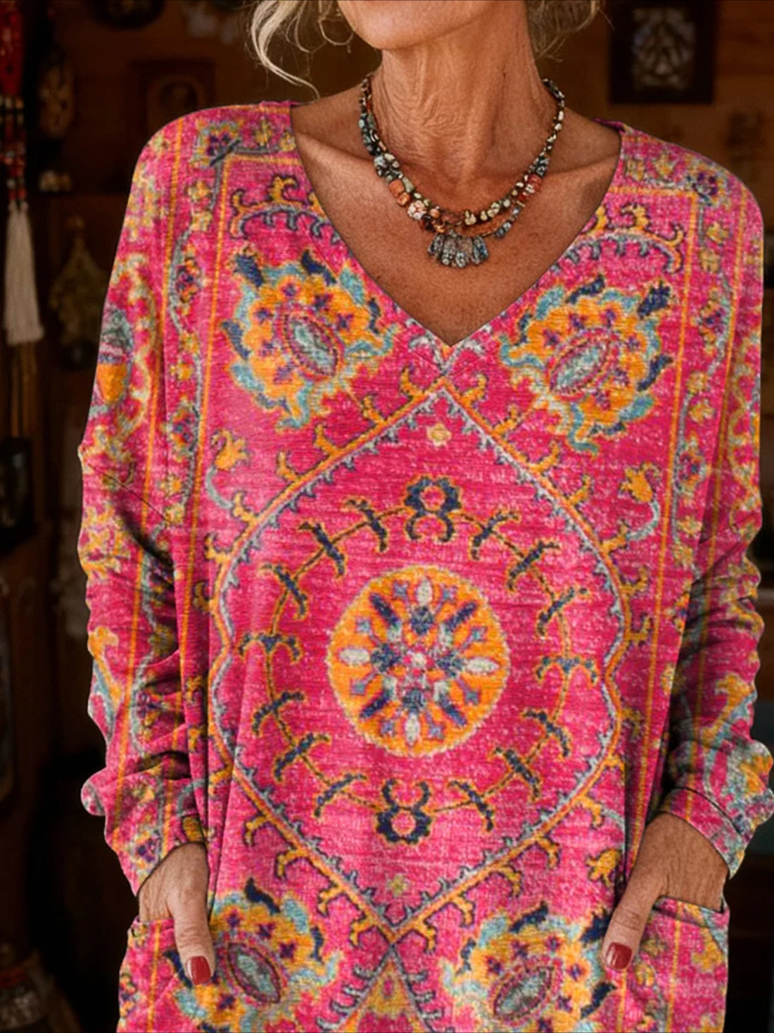 Red Long Sleeve Spring/Fall Floral Printing V Neck Daily Going Out Vintage Top