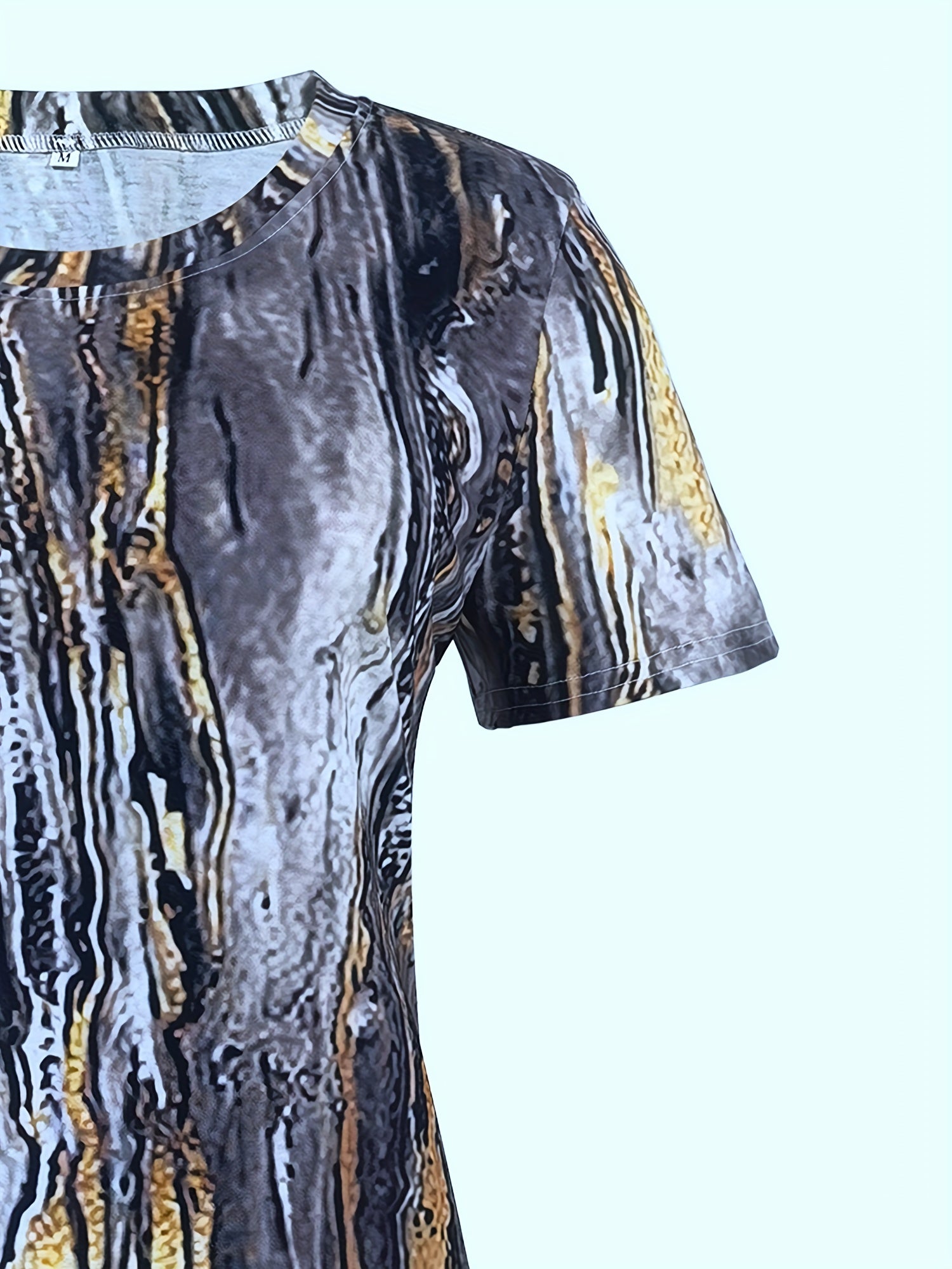Marble Print Crew Neck T-shirt, Casual Short Sleeve Summer Mid Length T-shirt