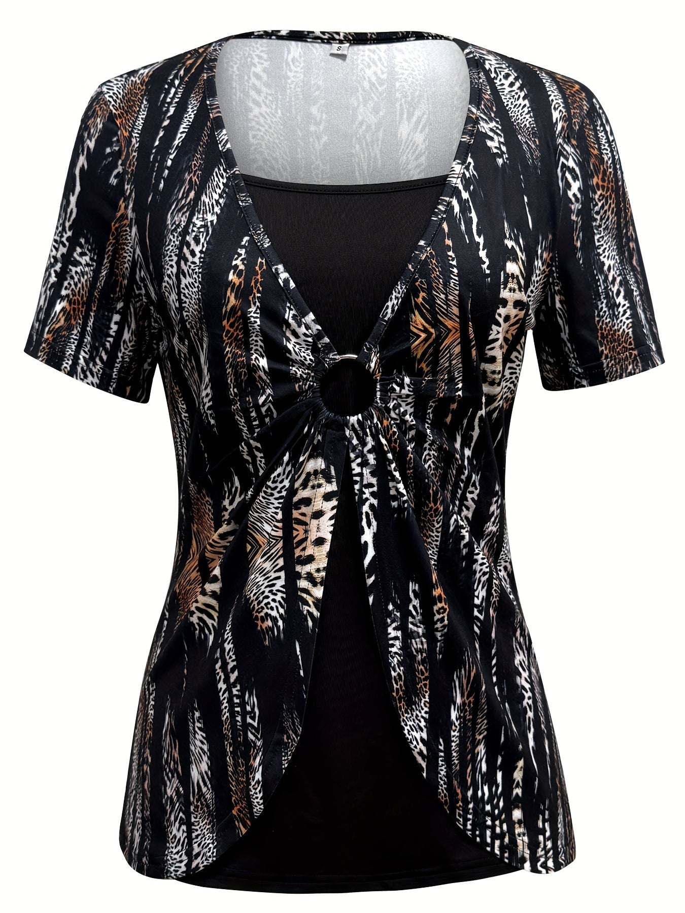 Maroon & Black Stretchy Polyester Blend Print Square Neck Short Sleeve T-Shirt
