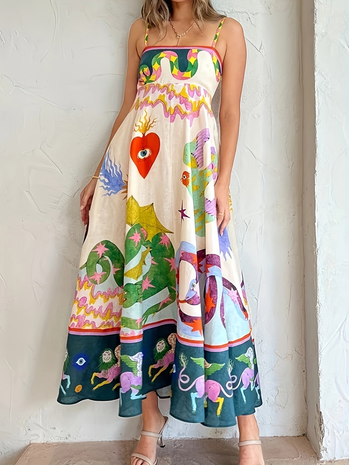 Cartoon Drawstring Print Shirred Cami Dress, Elegant Sleeveless Spaghetti Strap Dress
