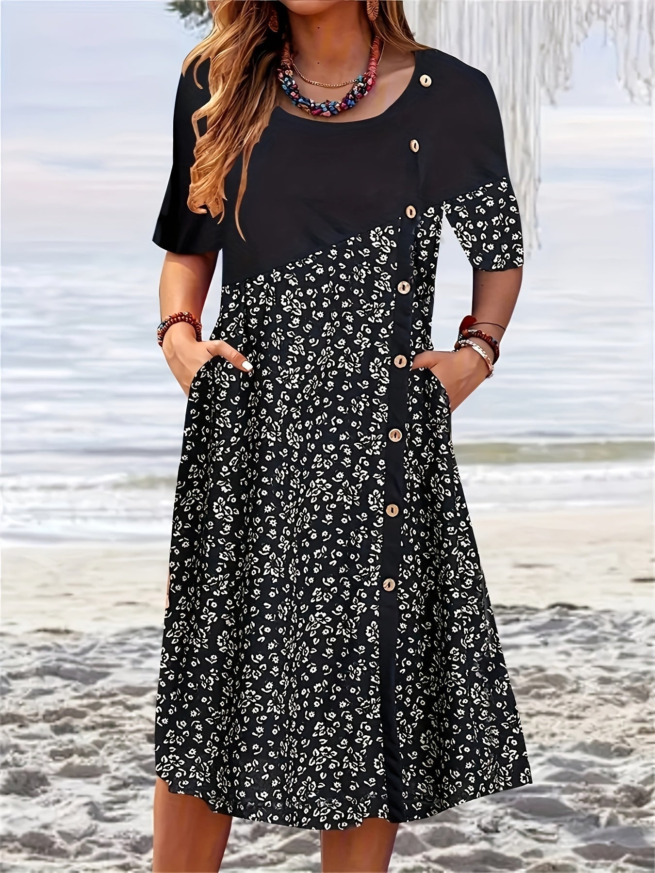 Elegant Women's Floral Print Dress with Pockets and Button Details