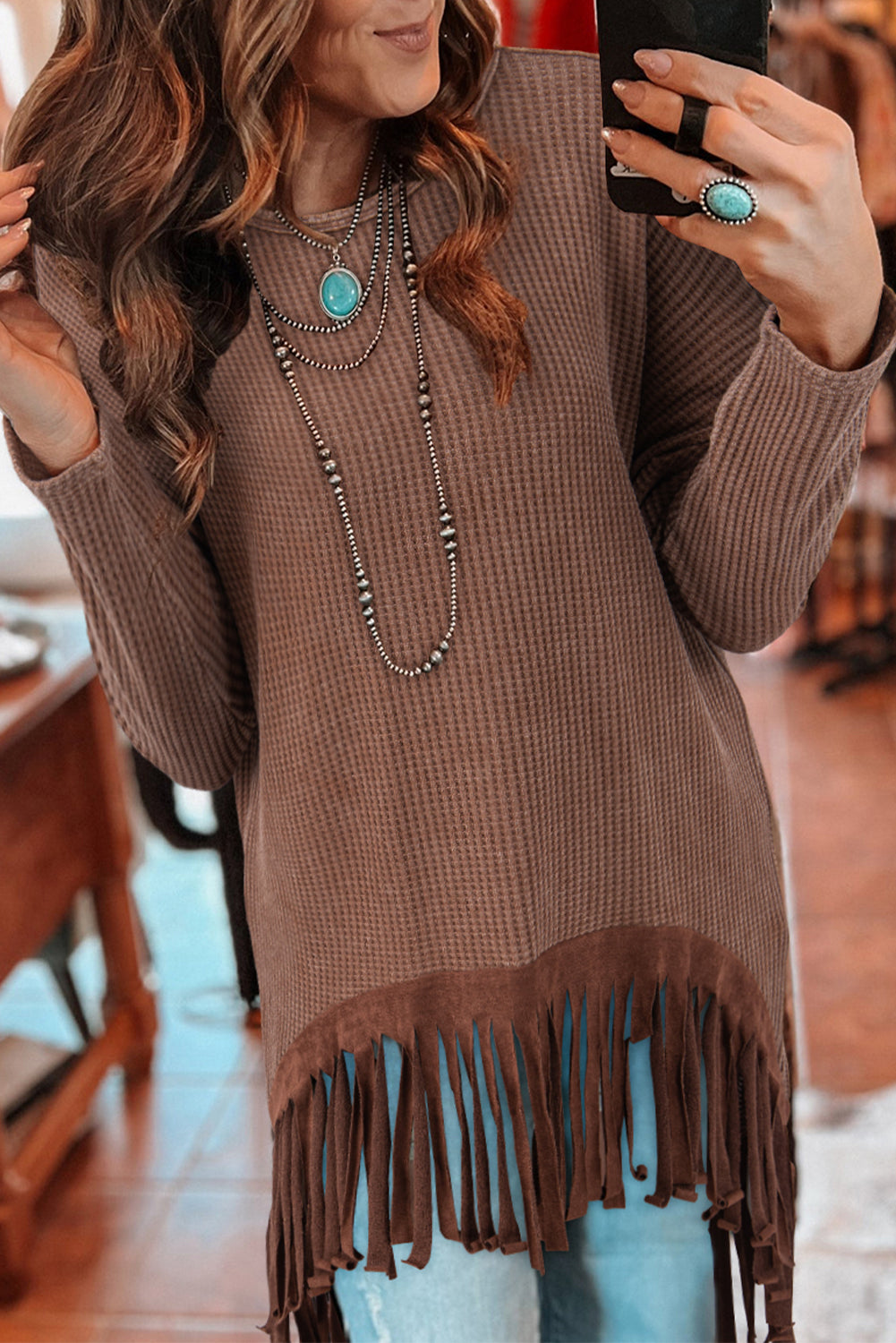 Coffee Waffle Knit Fringed High Low Loose Top