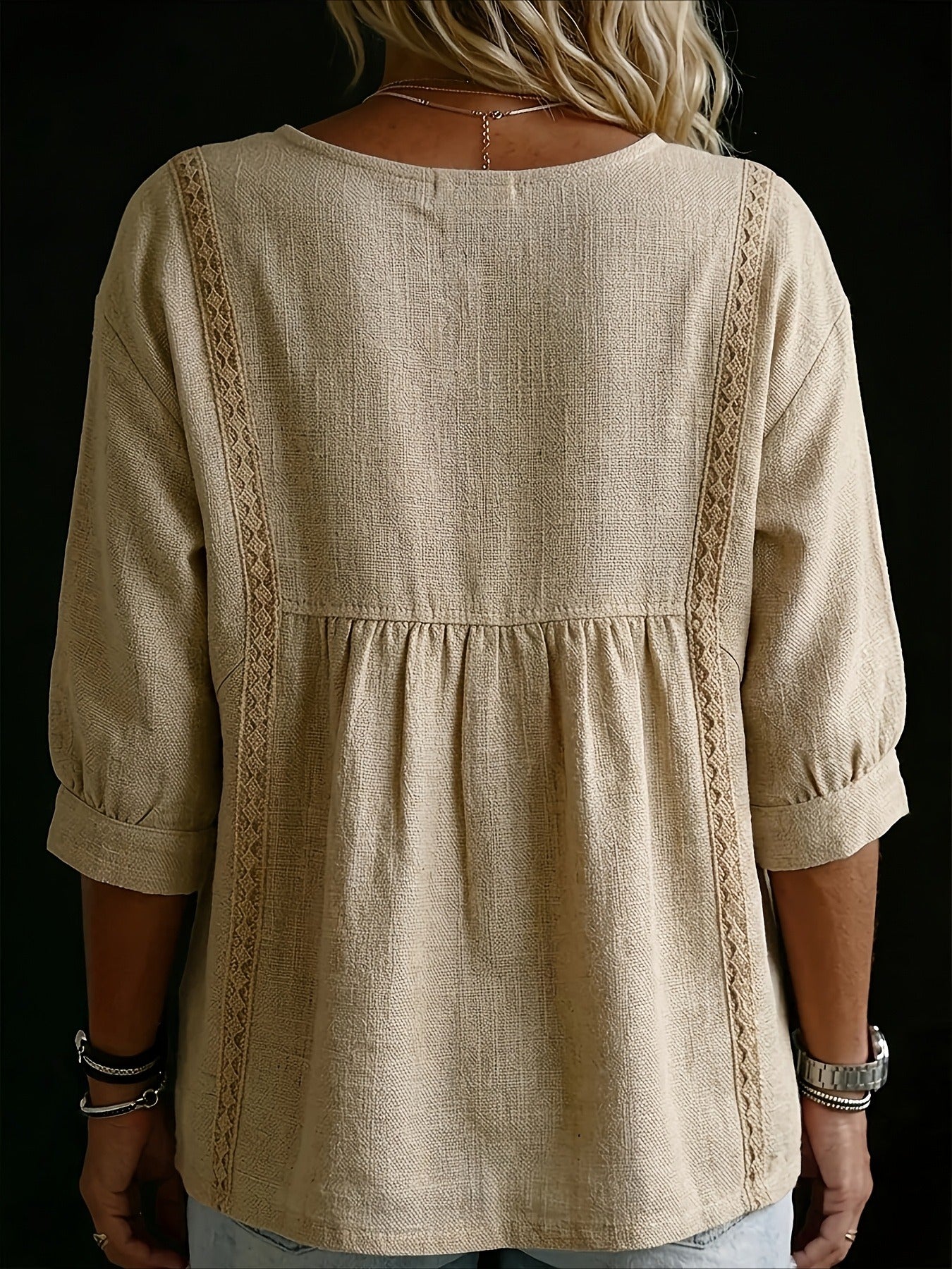 Casual Seven-Point Sleeve Lace V-Neck Pullover Multi-Color Tops