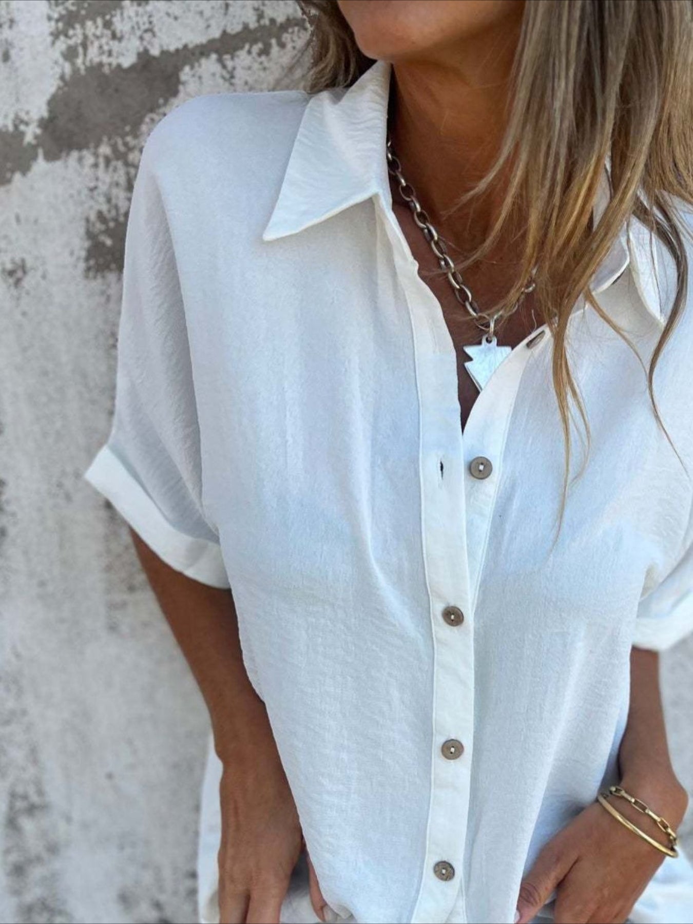 Casual Button Collared Short Sleeve Tunic Tops with Pocket