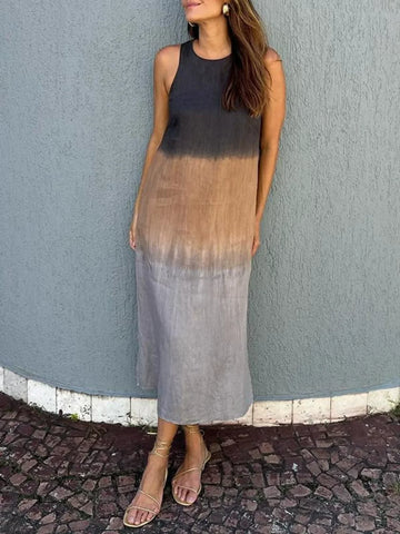 Casual Cotton Linen Sleeveless Side Slit Gradient Color Dress