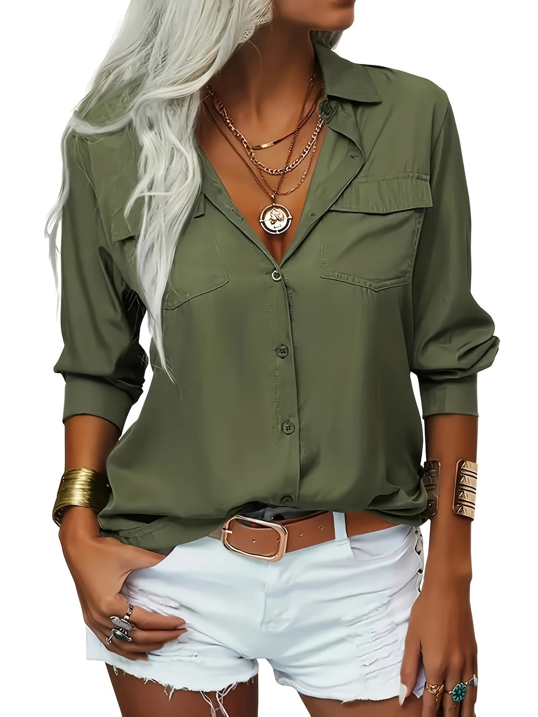 Solid Lapel Long Sleeves Button Down Shirt Top Casual Basic Office Blouse