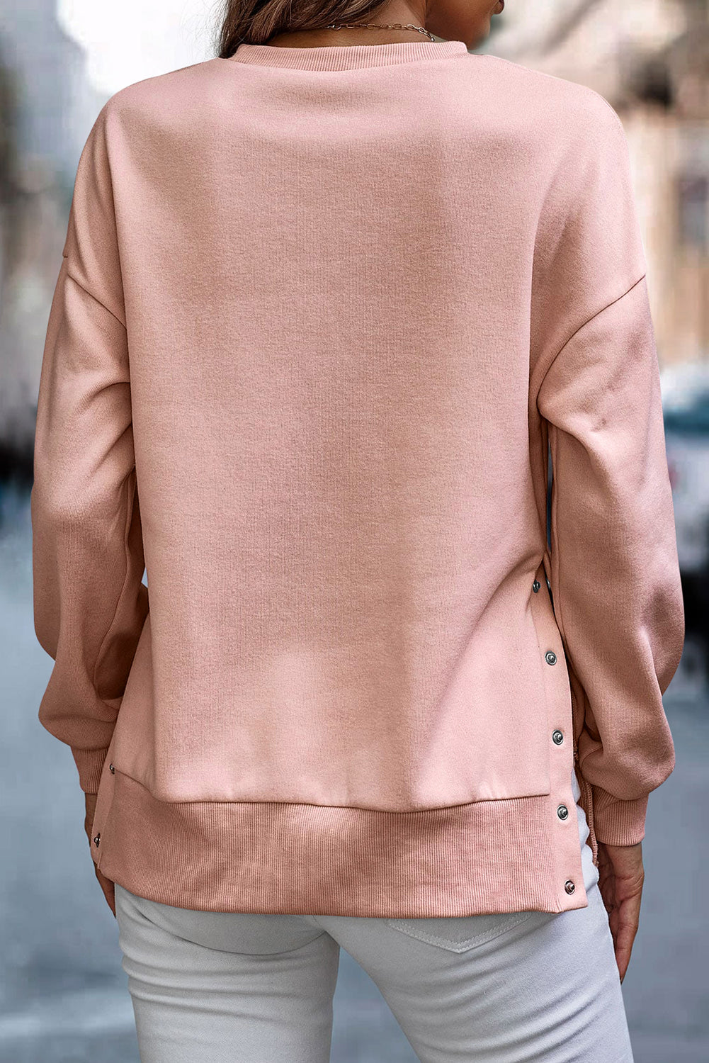 Light Pink Snap Buttons Side Splits Pullover Sweatshirt