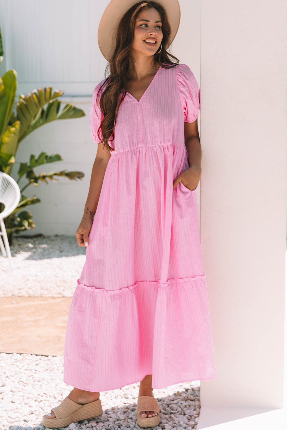 Pink Stripe V Neck Puff Short Sleeve Maxi Dress