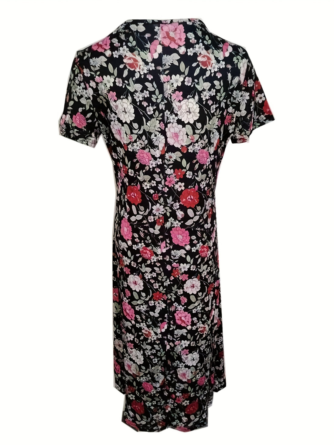 Floral Print Pleated Dress, Vintage Elegant V Neck Short Sleeve Dress