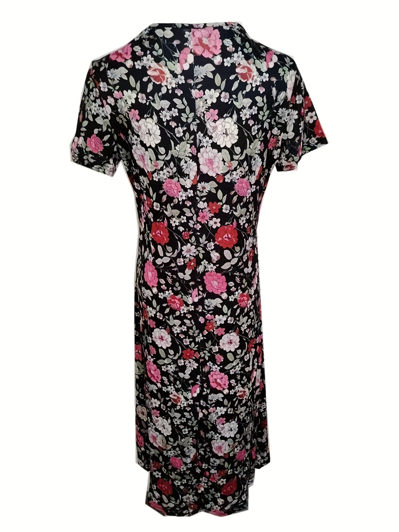 Floral Print Pleated Dress, Vintage Elegant V Neck Short Sleeve Dress