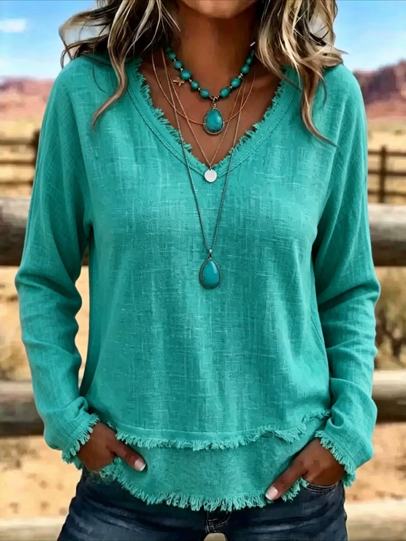 Solid Color Loose V Neck Beard Edge Long Sleeve T-shirt