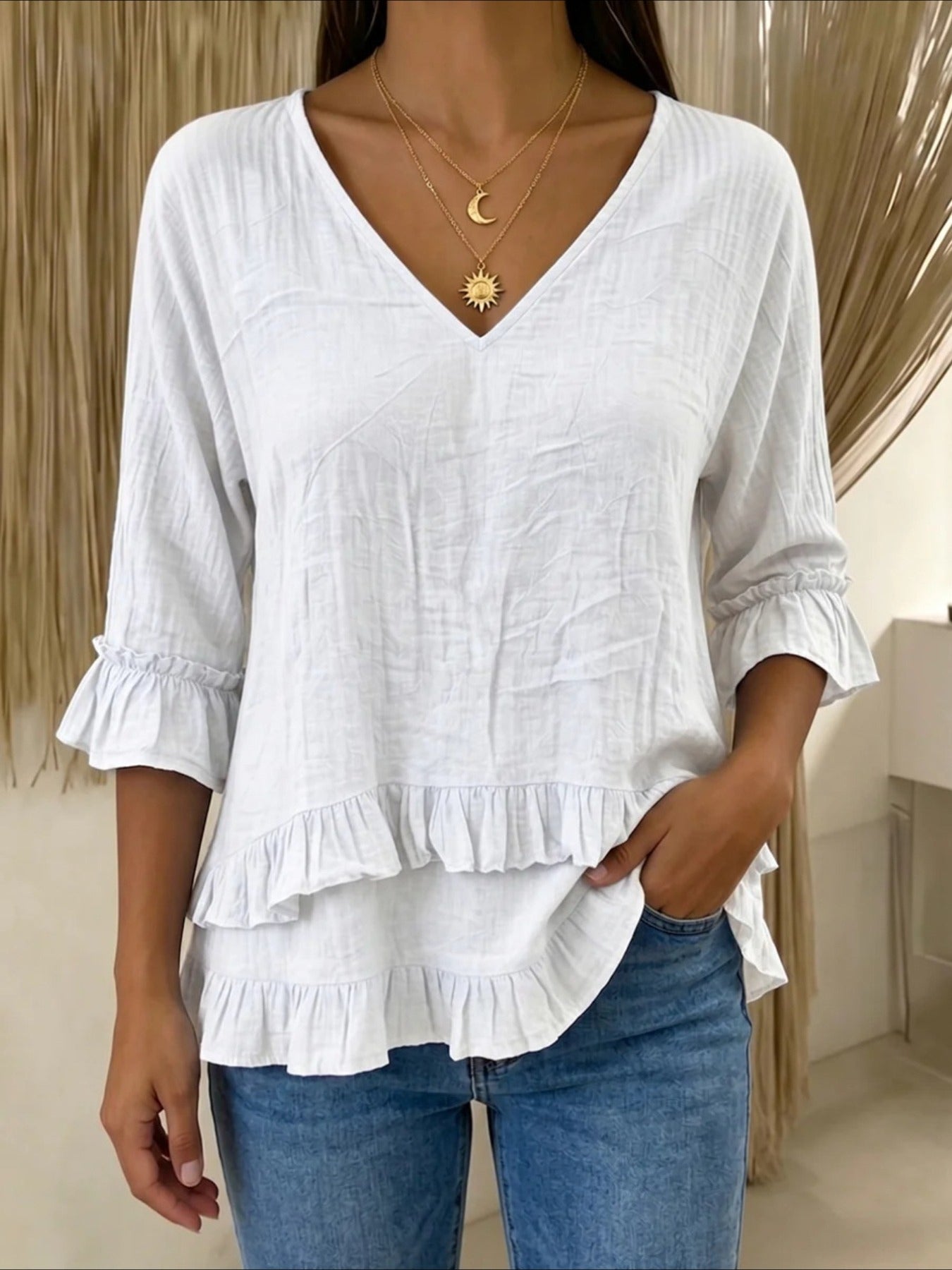 V-neck Ruffled Short Sleeves Blouse